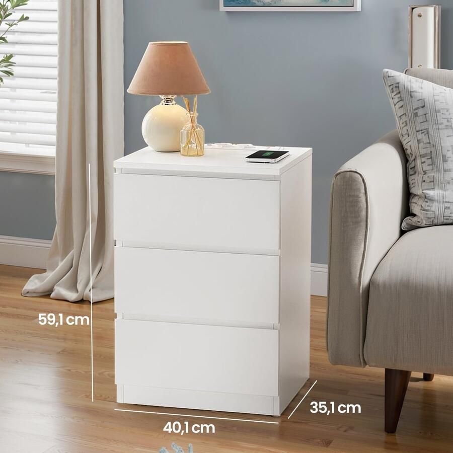 MAZAZU Nachtkastje Bijzettafel 3 Laden Wit 35x40x59