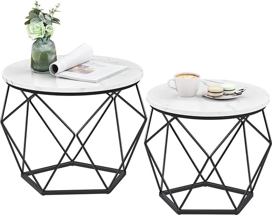 MAZAZU Salontafel Rond Set van 2 Afneembaar tafelblad Wit en Zwart 47 39x60 50x45 40