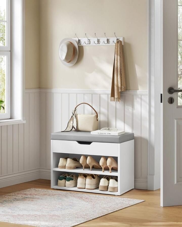 MAZAZU Schoenenbank Schoenenrek met Kussen Wit 30x60x44