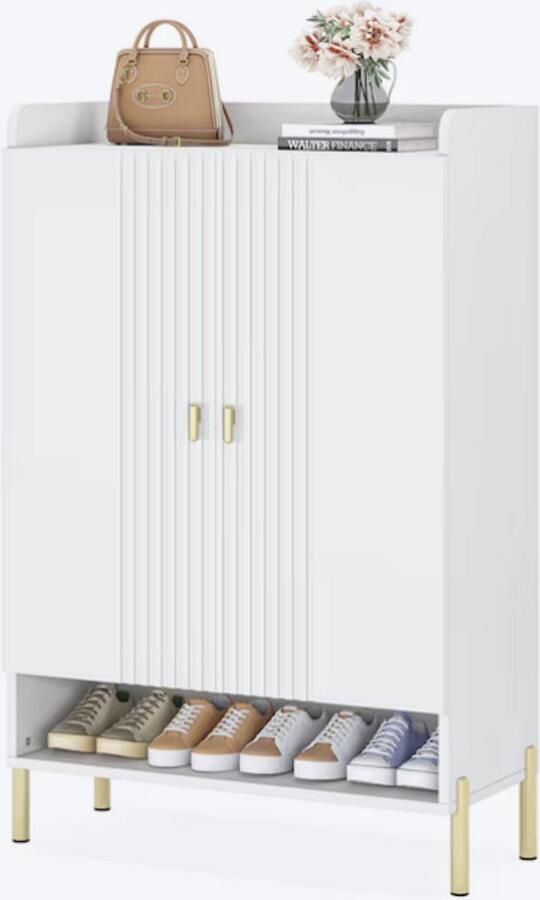 MAZAZU Schoenenkast Schoenenrek met deuren Wit Goud Hout 75x36.5110cm