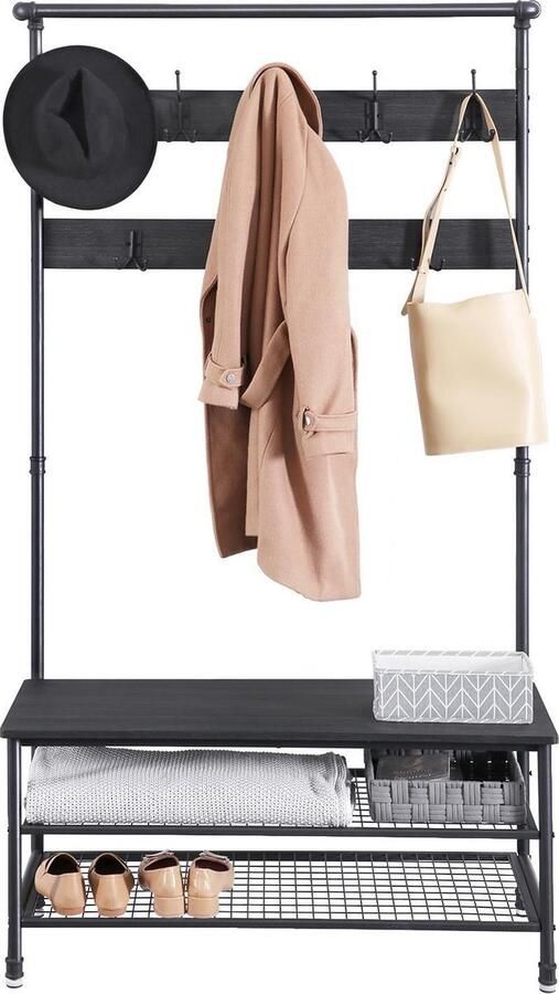 MAZAZU MIRA Home XL Garderoberek Kapstok met zitbank en schoenenrek Multifuctioneel 9 haken Industrieel Zwart 100Lx41 5Bx182H - Foto 2