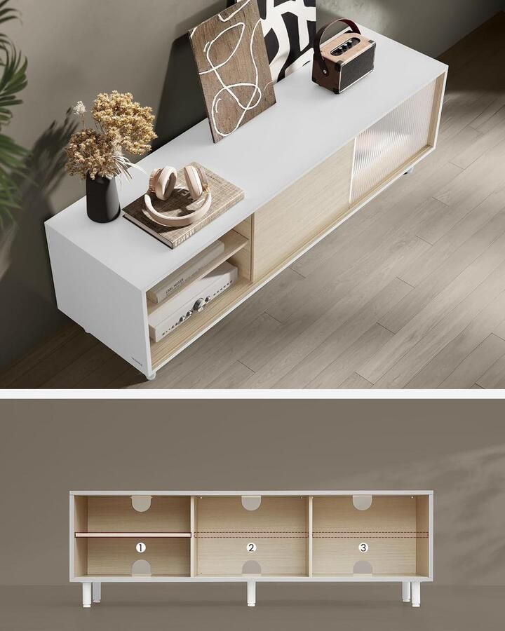 MAZAZU TV-Meubel Witte en Houten TV-Kast 140x39x32 cm Modern Televisiemeubel voor Woonkamer