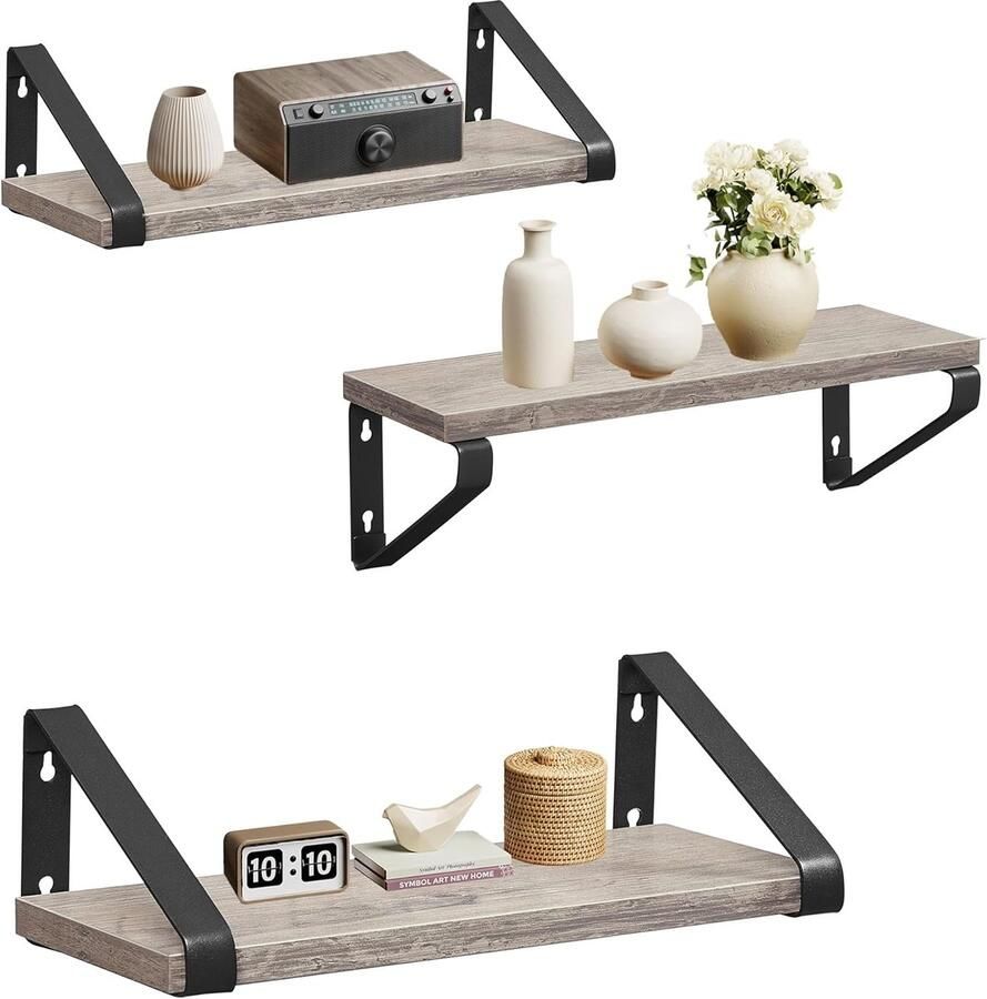 MAZAZU Wandplank Muurdecoratie 3 Set Grijs en Zwart 12x30-35-40x11