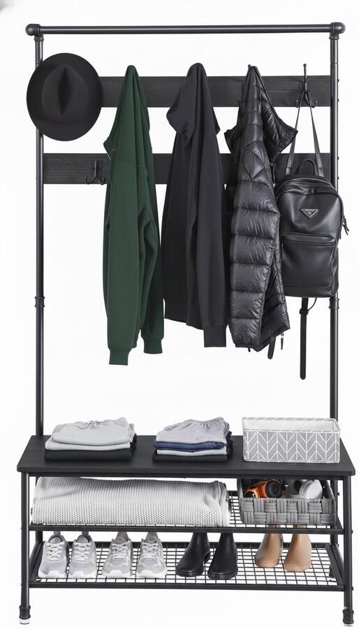 MAZAZU MIRA Home XL Garderoberek Kapstok met zitbank en schoenenrek Multifuctioneel 9 haken Industrieel Zwart 100Lx41 5Bx182H