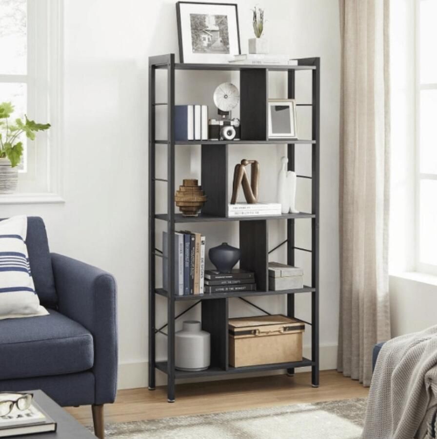 MAZAZU MIRA Home Boekenkast Open boekenkast met 4 planken Zwart 74x30x154 5 cm