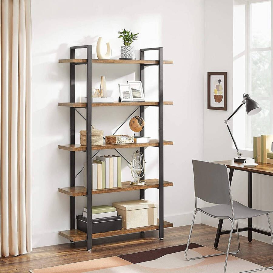 MAZAZU MIRA Home Boekenrek Boekenkast met 5 planken Industrieel Hout Metaal Bruin Zwart 29 5x105x177 5