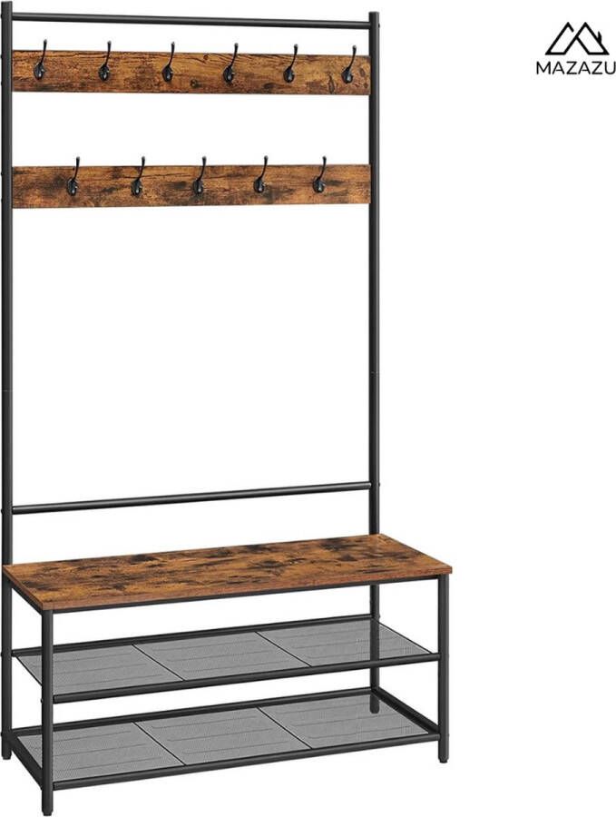 MAZAZU MIRA Home Garderoberek Kapstok met schoenenrek Industrieel Hout Metaal Bruin ‎100x40x180 - Foto 2