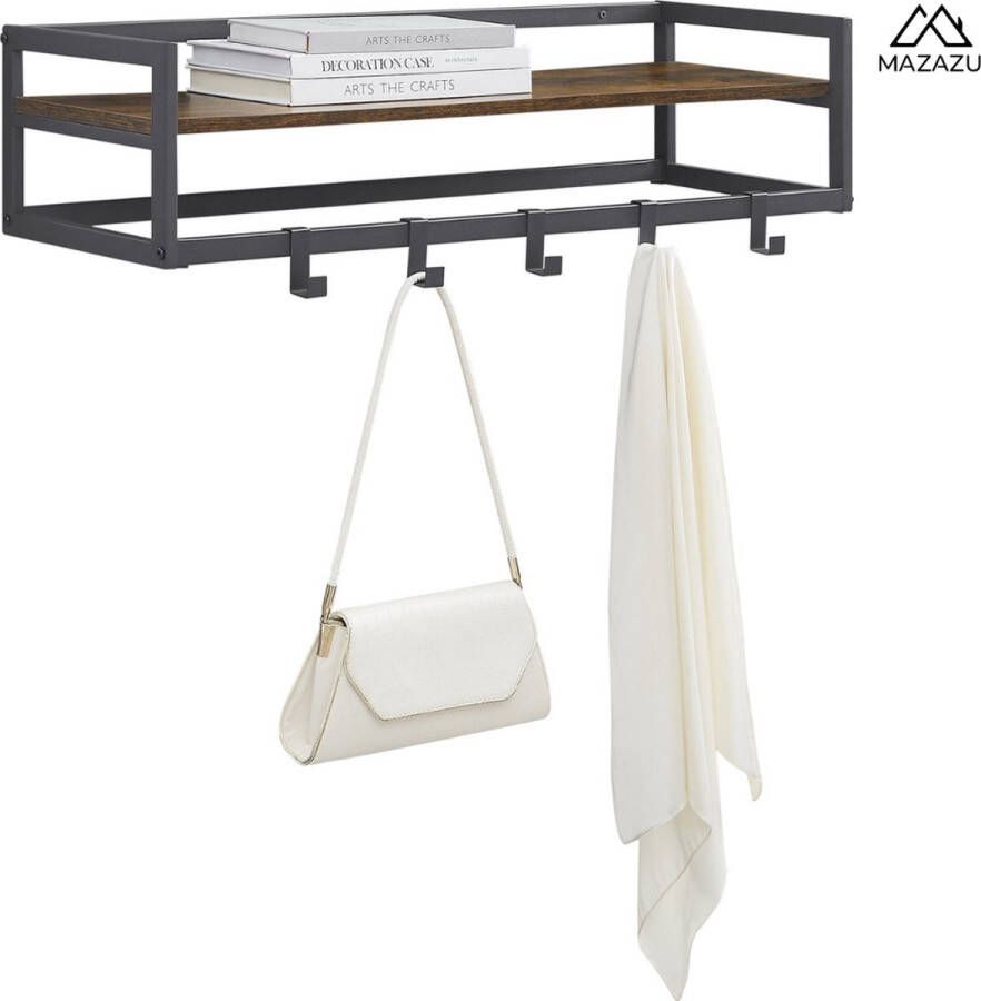 MAZAZU MIRA Home Industriële Wandkapstok Rustieke Houten Plank 6 Moderne Haken Zwart Metalen Frame Gemakkelijk op te Hangen 80 cm breed Praktisch en Groots in Design