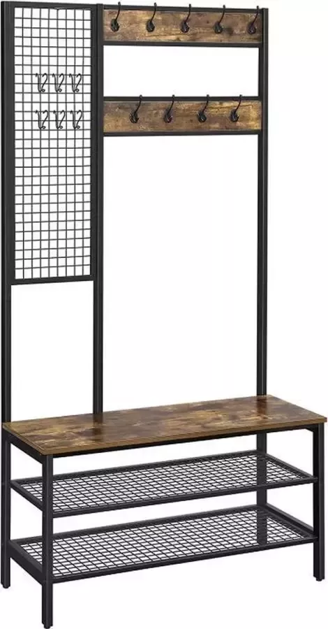 MAZAZU MIRA Home Kapstok met bank Kapstok met 9 kleerhaken Industrieel Hout Metaal Zwart bruin 97.7x40x185