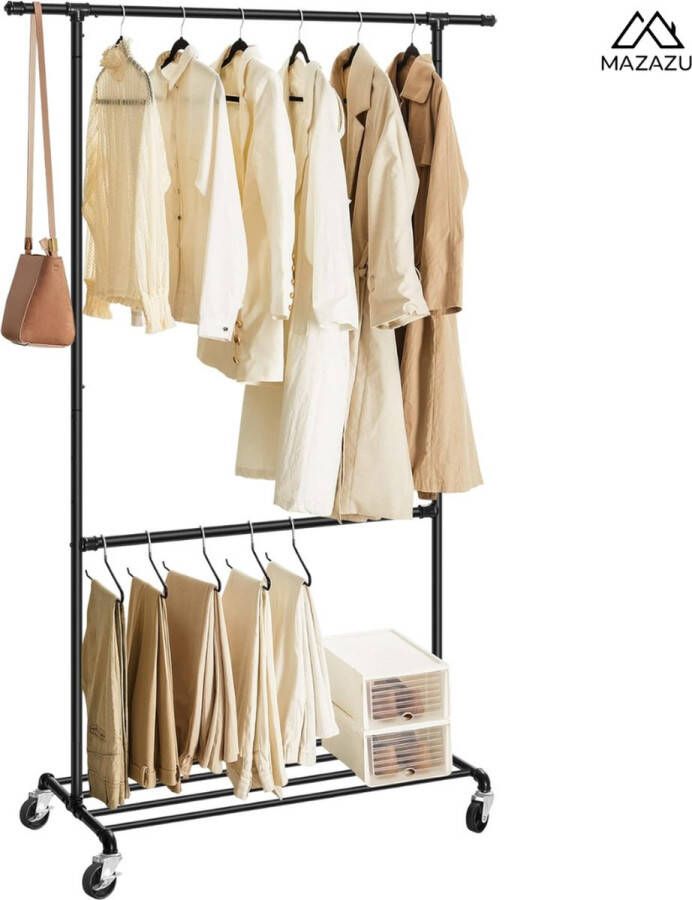 MAZAZU Kledingrek op Wieltjes – Zwart Metalen Garderoberek – 2 Stangen Kleerhangerrek – Verstelbaar Kledingstandaard – 130x49x198 cm MIRA Home - Foto 2