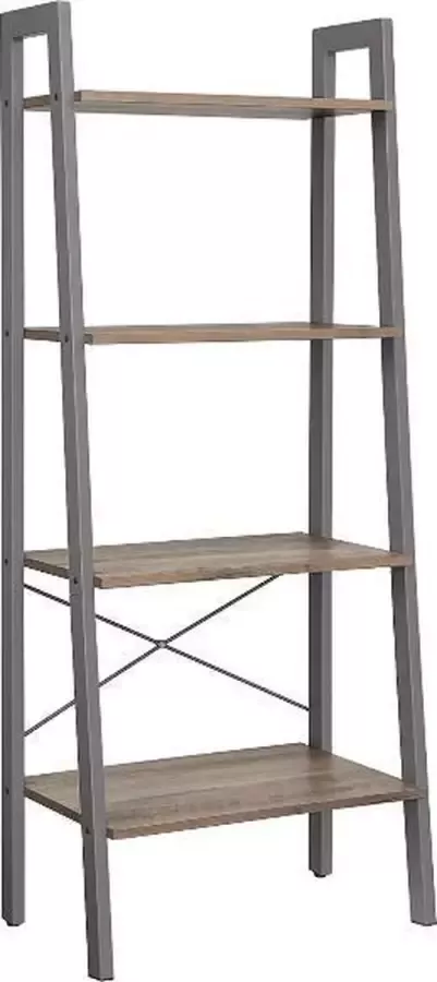 MAZAZU MIRA Home Ladderkast Wandrek Industrieel Vintage Hout Metaal Grijs Zwart 56x34x137 5