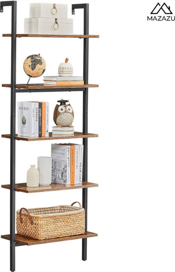 MIRA Home Industrieel Ladderrek – Boekenkast Wandkast 60x30x172 cm – Zwart met Bruin – Stijlvol Boekenrek met Metaal en Hout - Foto 3