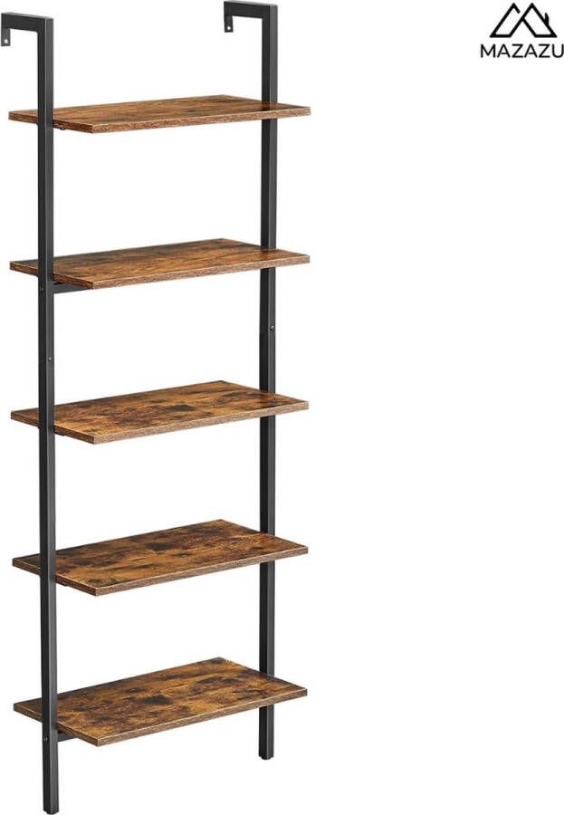 MIRA Home Industrieel Ladderrek – Boekenkast Wandkast 60x30x172 cm – Zwart met Bruin – Stijlvol Boekenrek met Metaal en Hout - Foto 2