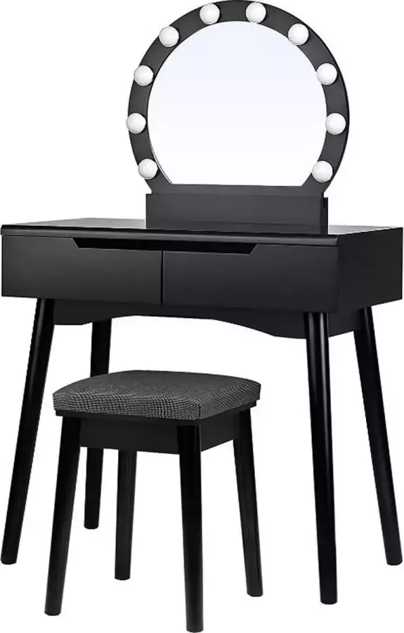 MAZAZU MIRA Home Make up tafel met verlichting Kaptafel met spiegel en Kruk Zwart Hout 80x40x130 5