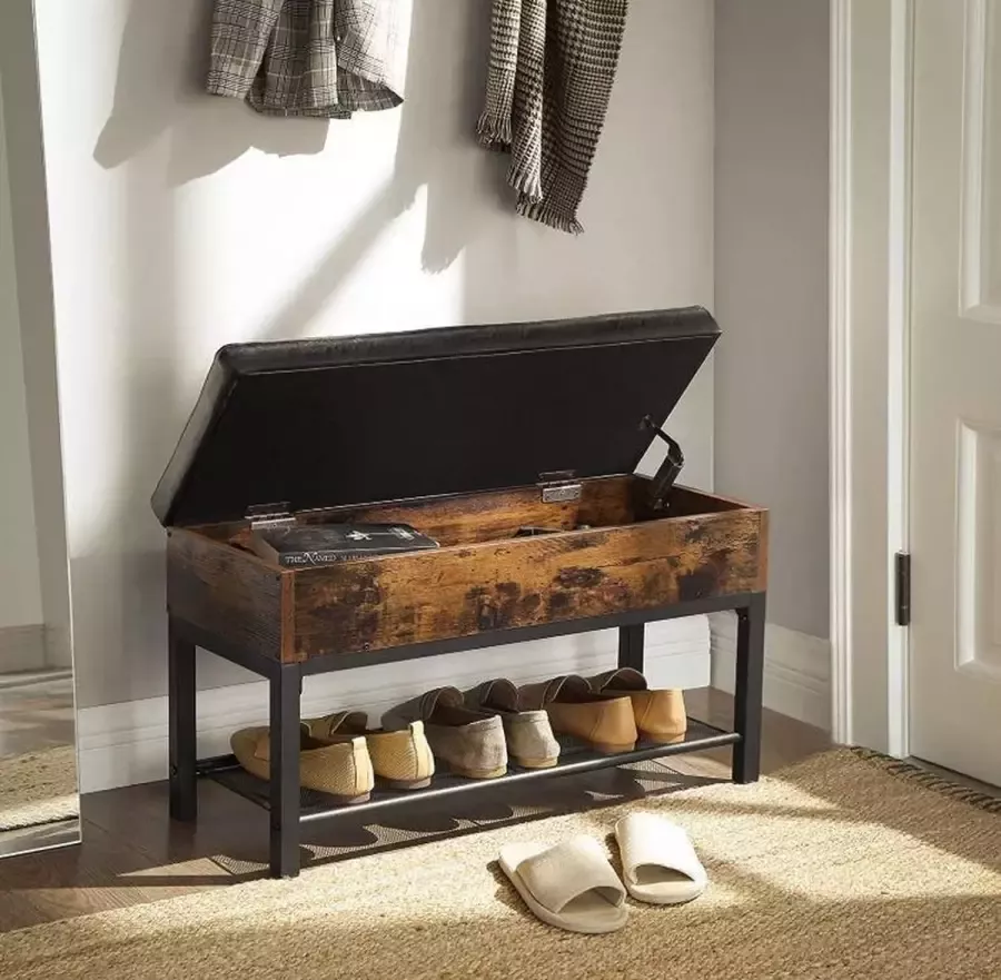 MAZAZU MIRA Home Schoenenbank Opbergbank Schoenenrek Metaal Spaanplaat Industrieel Bruin zwart 70x30x45 - Foto 3