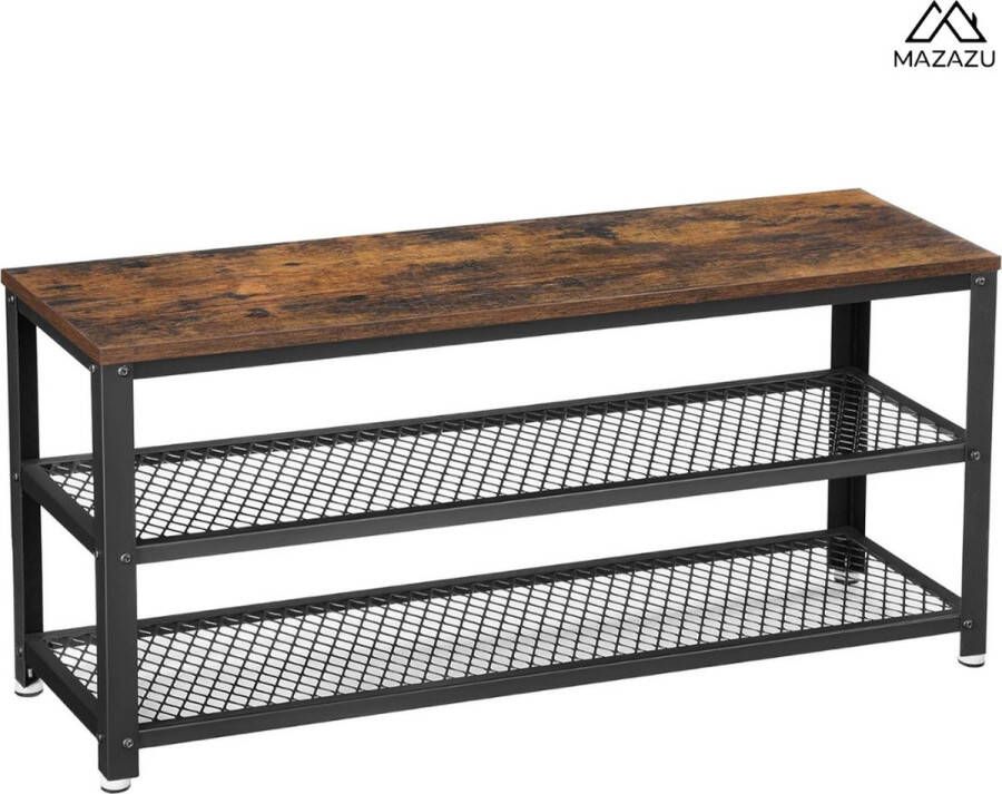 MAZAZU MIRA Home Schoenbank Schoenenrek met 2 planken Industrieel Hout Metaal Zwart Bruin 100x30x45