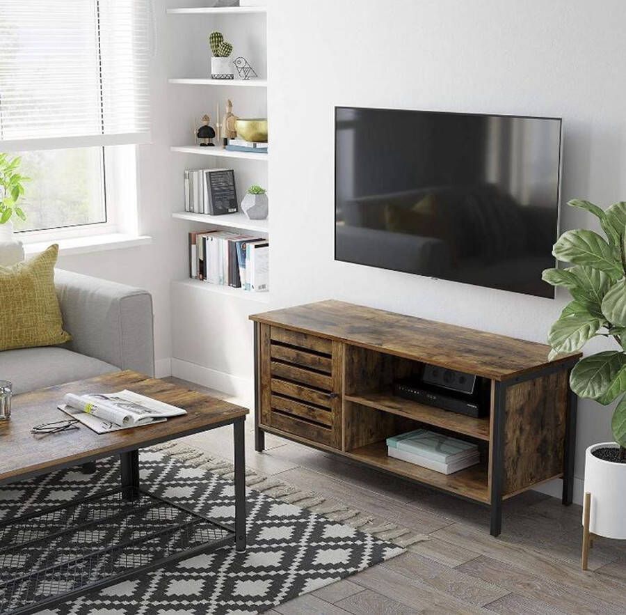 MAZAZU MIRA HOME Tv-meubel Industriële Uitstraling Houten Blad Zwart Bruin 110x40x50 cm