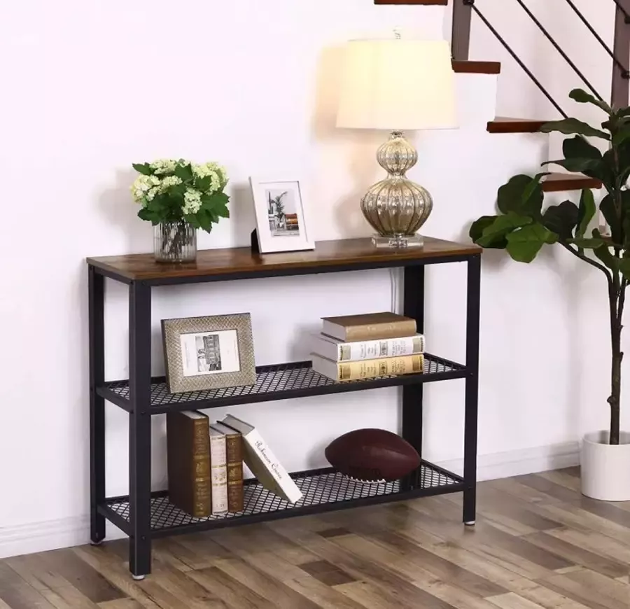 MAZAZU MIRA TV meubel Schoenrek Industrieel Zwart bruin Roosters IJzer Hout 101 5x35x80 - Foto 2