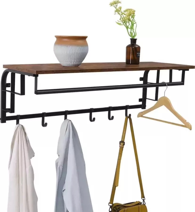 MAZAZU XL Wandkapstok met 5 haken Kapstok Industrieel Metaal Hout Bruin zwart 30x88x27