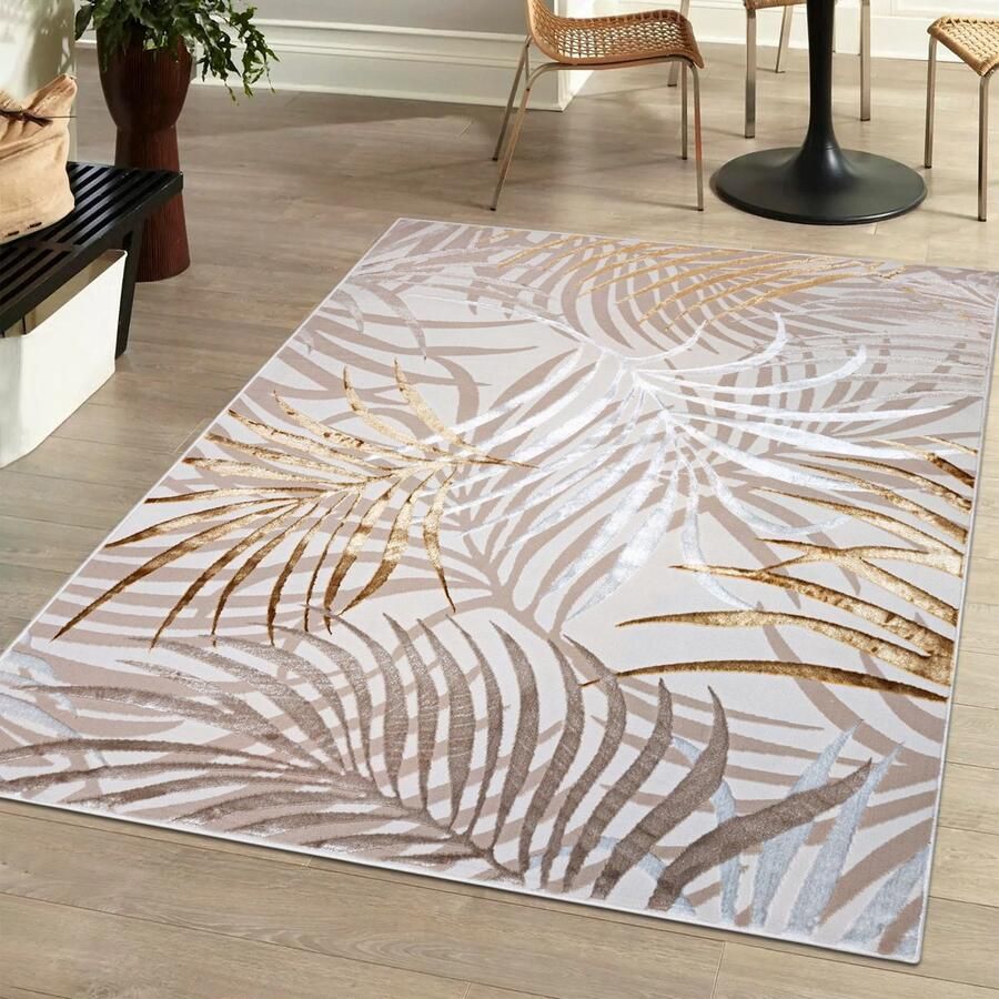 Mazovia Tapijt Beige Boho Glamour Bloemen en Planten Woonkamer Rechthoek Middellange Pool Vloerverwarming OEKO-TEX Certificaat Crème Gouden 120 x 170 cm