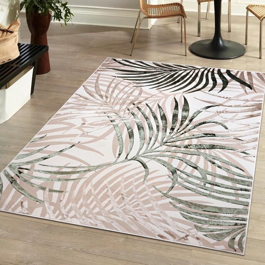 Mazovia Tapijt Beige Boho Glamour Bloemen en Planten Woonkamer Rechthoek Middellange Pool Vloerverwarming OEKO-TEX Certificaat Crème Groen 140 x 200 cm