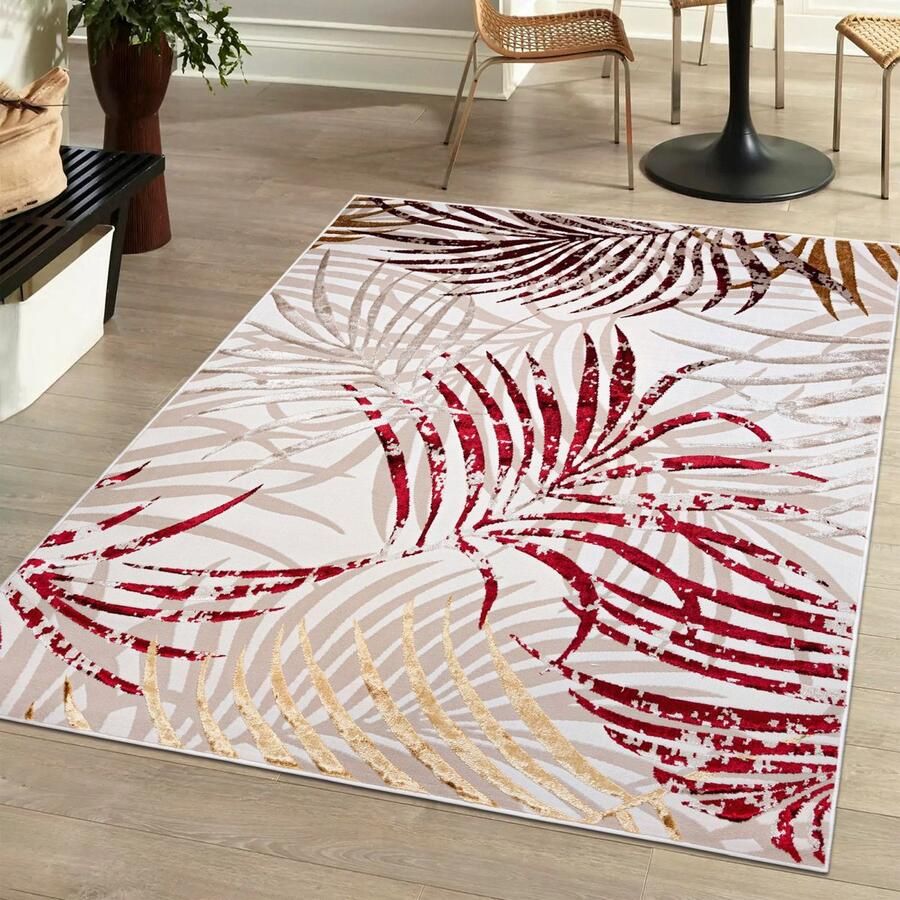 Mazovia Tapijt Beige Boho Glamour Bloemen en Planten Woonkamer Rechthoek Middellange Pool Vloerverwarming OEKO-TEX Certificaat Rood Crème 120 x 170 cm