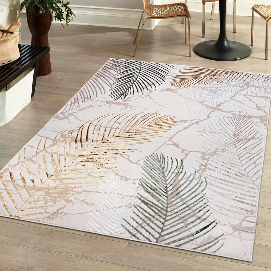 Mazovia Tapijt Beige Boho Glamour Bloemen en Planten Woonkamer Rechthoek Middellange Pool Vloerverwarming OEKO-TEX Certificaat Crème Groen 120 x 170 cm