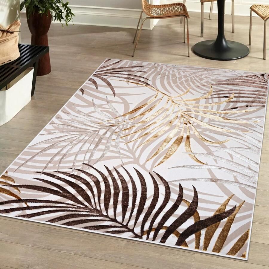 Mazovia Tapijt Beige Boho Glamour Bloemen en Planten Woonkamer Rechthoek Middellange Pool Vloerverwarming OEKO-TEX Certificaat Crème Gouden 80 x 150 cm