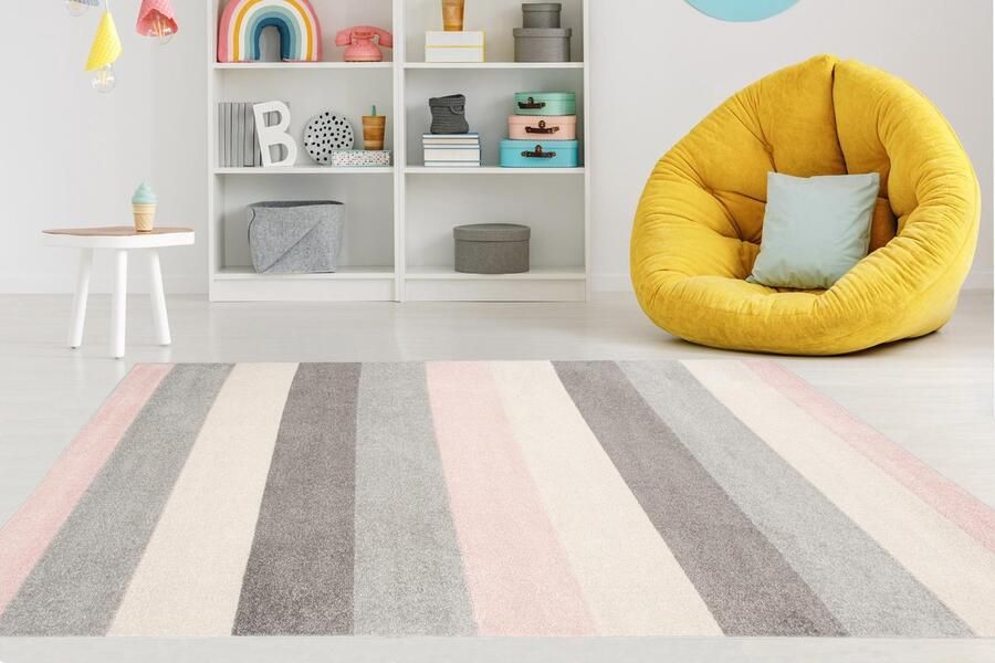 Mazovia Tapijt Grafiet Modern Figuren en Vormen Gestreept Woonkamer Rechthoek Voeten Vloerverwarming OEKO-TEX Certificaat Roze Grijs 300 x 400 cm