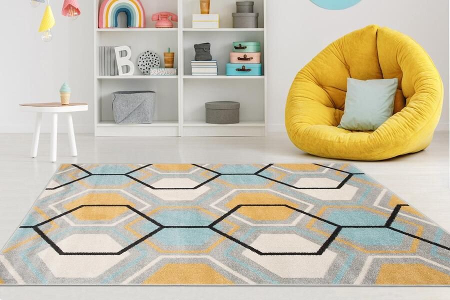 Mazovia Tapijt Grafiet Modern Figuren en Vormen Woonkamer Rechthoek Voeten Vloerverwarming OEKO-TEX Certificaat Kleurrijk Blauw 80 x 150 cm