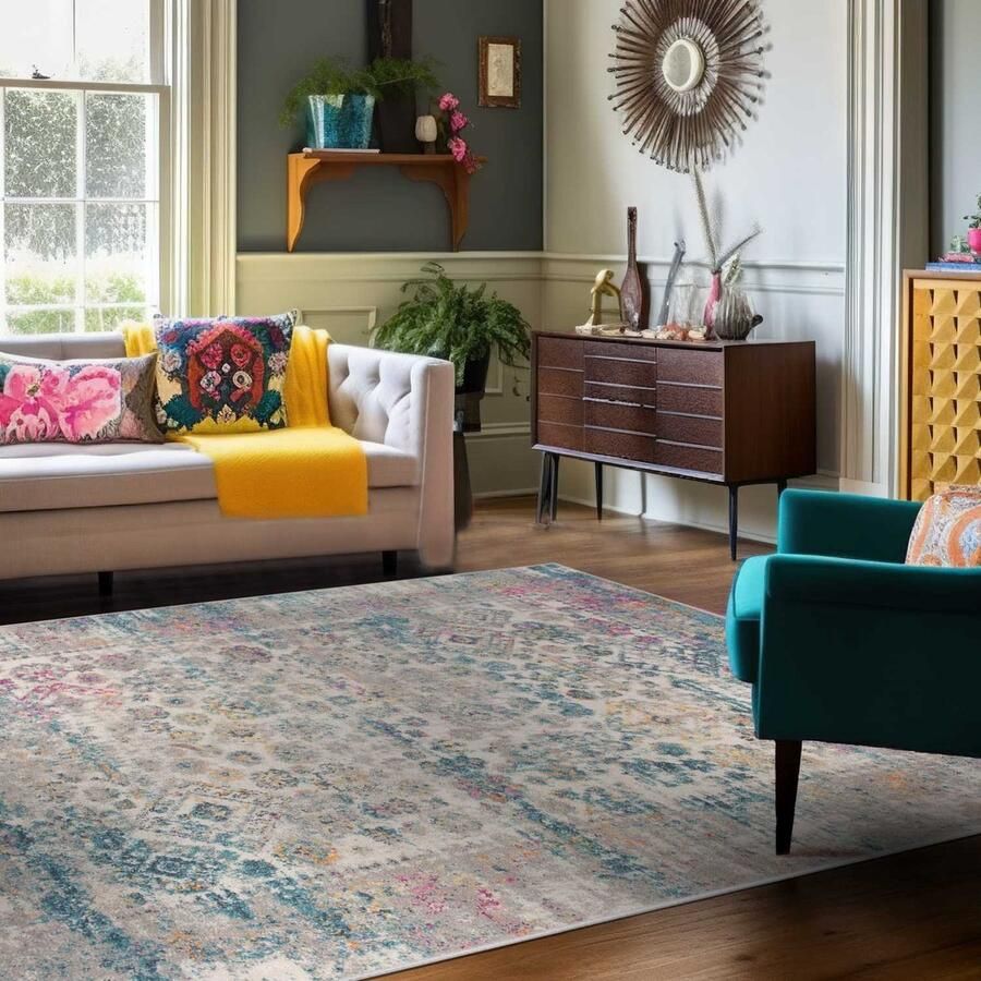 Mazovia Tapijt Grafiet Oosters Vintage Abstract Vintage Woonkamer Rechthoek Voeten Vloerverwarming OEKO-TEX Certificaat Kleurrijk Blauw 80 x 150 cm