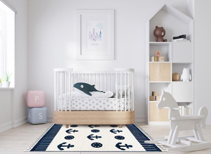 Mazovia Vloerkleed Beige Kinderlijk Anker Marien Woonkamer slaapkamer eetkamer kantoor Middellange Pool Rechthoek OEKO-TEX Certificaat Zacht Lila Crème Marineblauw Crème 120 x 170 cm