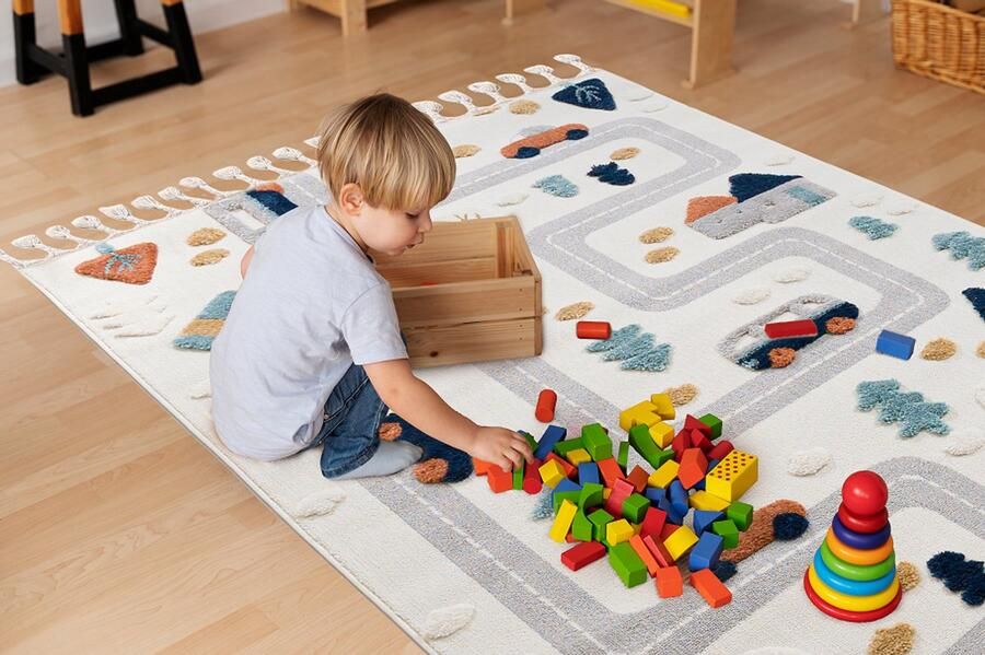 Mazovia Vloerkleed Beige Kinderlijk Auto Straten Woonkamer slaapkamer eetkamer kantoor Middellange Pool Rechthoek OEKO-TEX Certificaat Zacht Lila Crème 140 x 200 cm