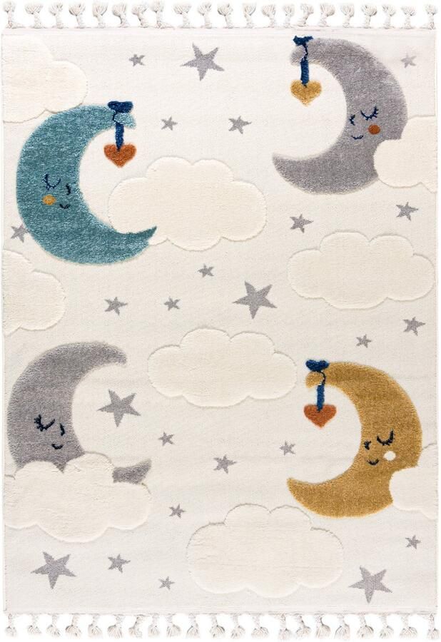 Mazovia Vloerkleed Beige Kinderlijk Sterren Maan Woonkamer slaapkamer eetkamer kantoor Middellange Pool Rechthoek OEKO-TEX Certificaat Zacht Lila Crème 120 x 170 cm