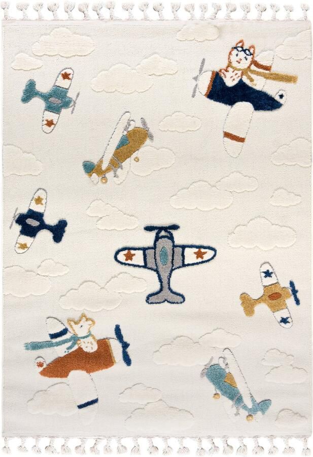 Mazovia Vloerkleed Beige Kinderlijk Vliegtuig Woonkamer slaapkamer eetkamer kantoor Middellange Pool Rechthoek OEKO-TEX Certificaat Zacht Lila Crème 160 x 230 cm