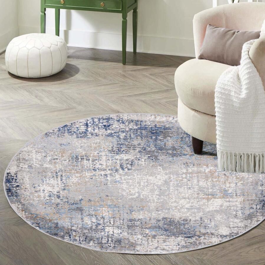 Mazovia Vloerkleed Beige Rond Abstract Woonkamer Slaapkamer Eetkamer Kantoor Kortpolig Rond ÖKO-TEX-Gecertificeerd Blauw 100 x 100 cm