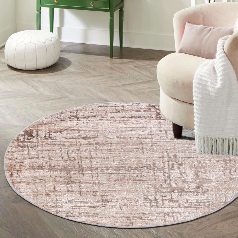 Mazovia Vloerkleed Beige Rond Abstract Woonkamer Slaapkamer Eetkamer Kantoor Kortpolig Rond ÖKO-TEX-Gecertificeerd Crème 200 x 200 cm