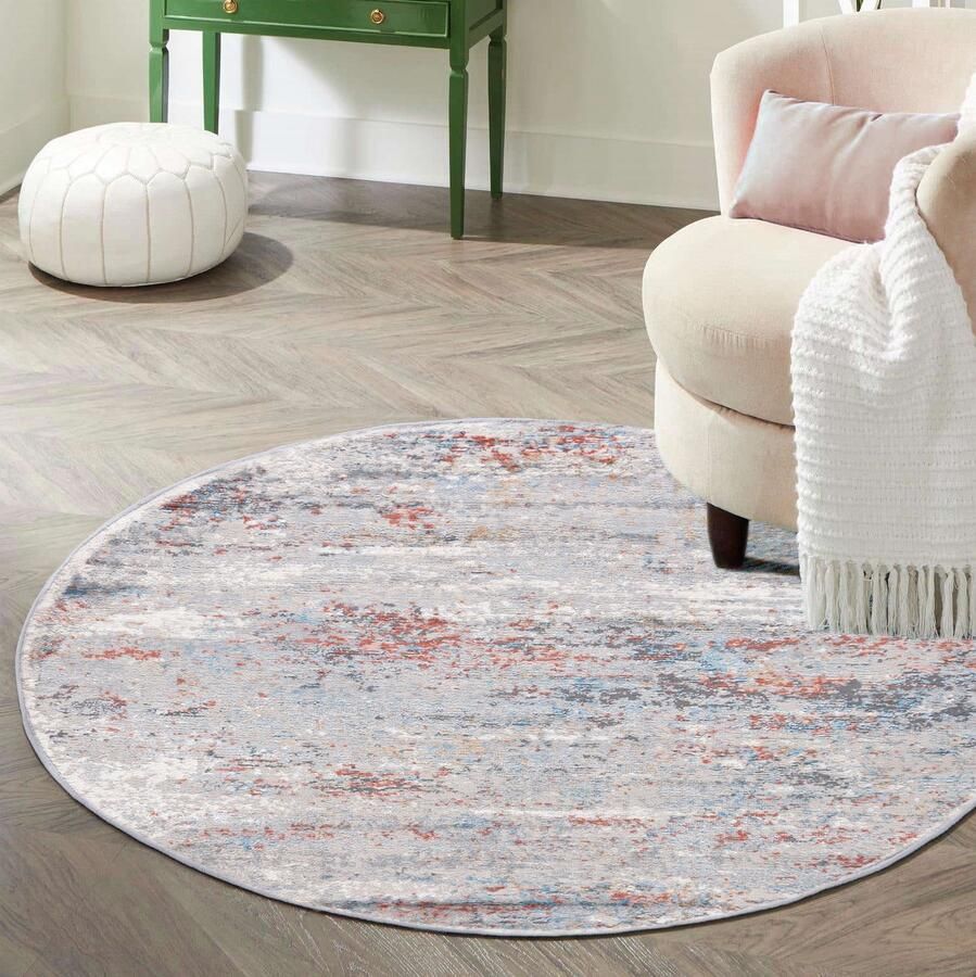 Mazovia Vloerkleed Grijs Rond Abstract Woonkamer Slaapkamer Eetkamer Kantoor Kortpolig Rond ÖKO-TEX-Gecertificeerd Zalmkleurig 100 x 100 cm