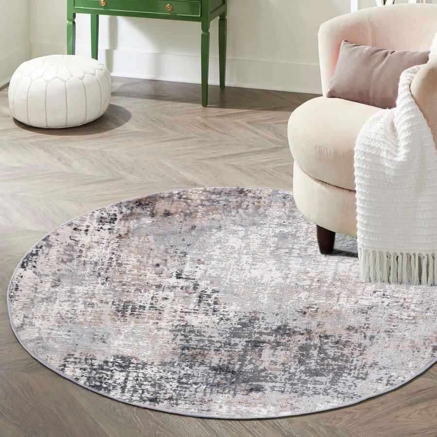 Mazovia Vloerkleed Grijs Rond Abstract Woonkamer Slaapkamer Eetkamer Kantoor Kortpolig Rond ÖKO-TEX-Gecertificeerd Beige 160 x 160 cm