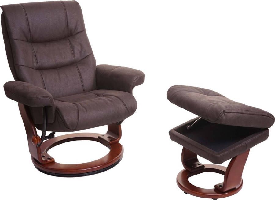 MCA Relaxfauteuil MCW-J42 TV-fauteuil kruk stof ~ zwart-bruin imitatiesuède frame walnoot-look