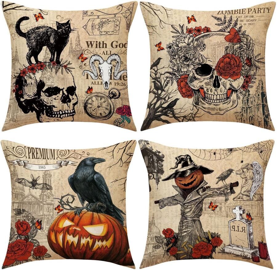 MCBOSON Kussensloop Kussenhoes Set van 4 Halloween kussensloop 45 x 45 cm Zonder kussenkern Sierkussen Linnen --Decoratieve Kussens Voor Thuis Bank En Slaapkamer Decoratie