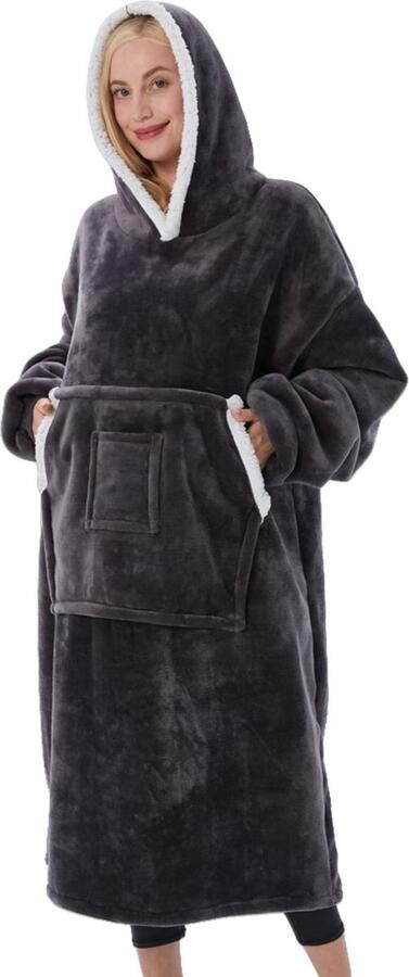 MCBOSON Plaid Hoodie dekens Extra Lang & Dik Fleece Deken Met Mouwen Blanket met Mouwen en Capuchon Dames & Heren TV Deken Bank Deken Grijs