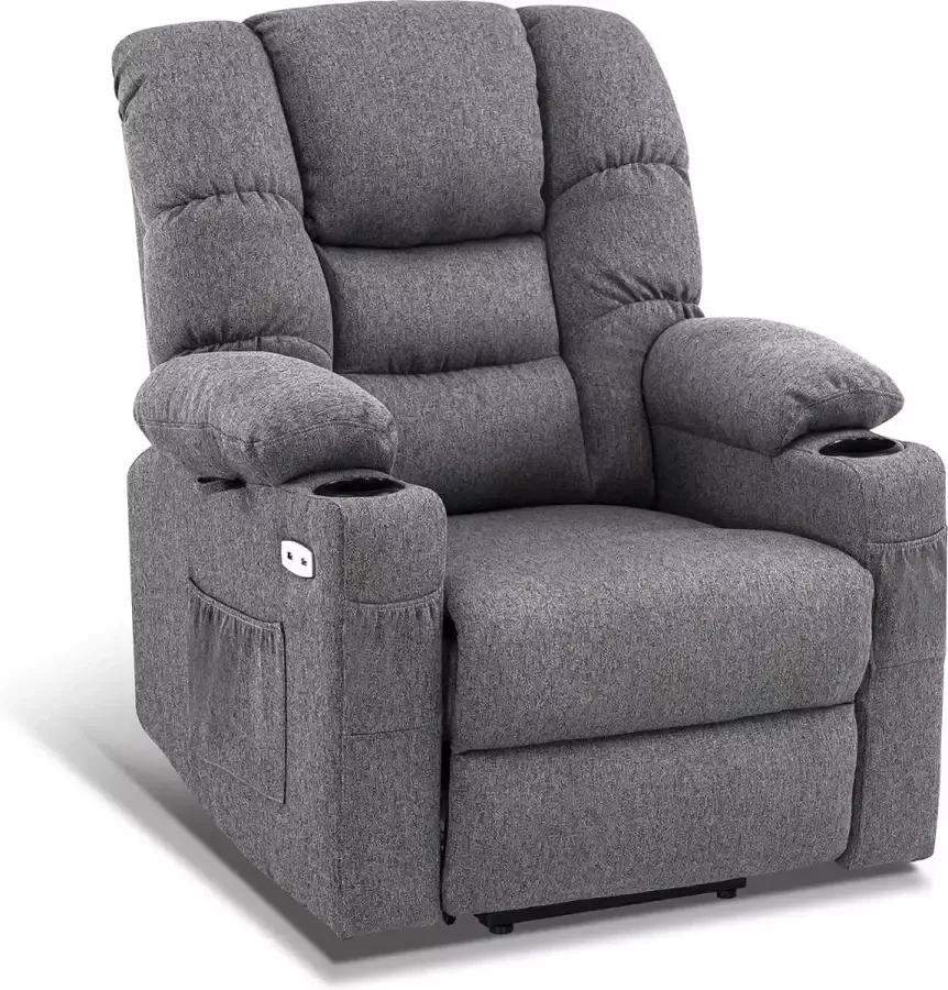 MCombo Bobby's Luxe Elektrische Massagestoel Relax stoel Ligpositie 170 Graden Voetensteun Chill stoel USB Aansluiting Grijs Stof Retro Tv stoel Sta Op Functie 3 Motoren -‎ 90 x 84 x 108 cm