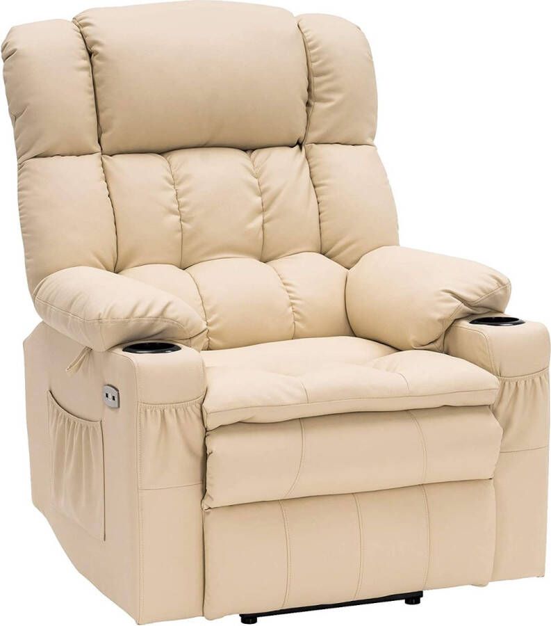 MCombo Monkey's Luxe Elektrische Relax stoel Ligpositie 165 Graden Voetensteun Chill stoel USB Aansluiting Crème Wit Leer Retro Tv stoel Sta Op Functie 3 Motoren -‎ 100 x 86 x 112 cm