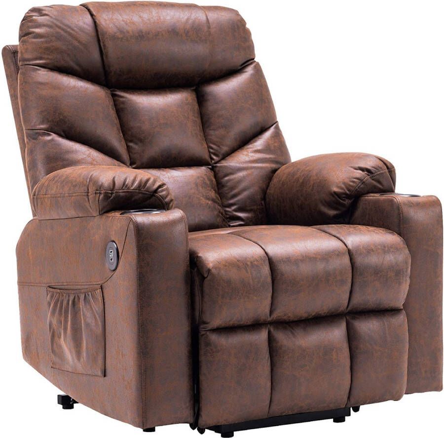 MCombo Bobby's Luxe Relax stoel Chill stoel USB Aansluiting Bruin Leer Retro Tv stoel Sta Op Functie 85 x 94 x 100 cm