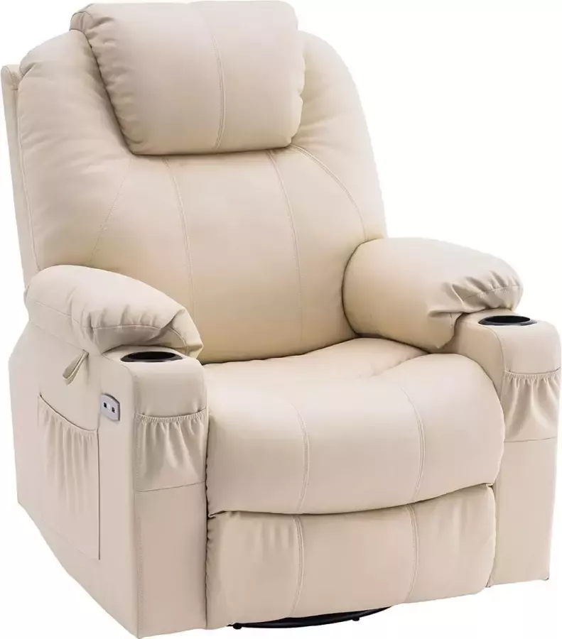 MARA Elektrische Massagestoel Kantelbaar 240 Graden Draaibaar Verwarmbaar Relax stoel Chill stoel Creme Tv stoel Warmtefunctie Lig en trilfunctie ‎100 x 84 x 109 cm