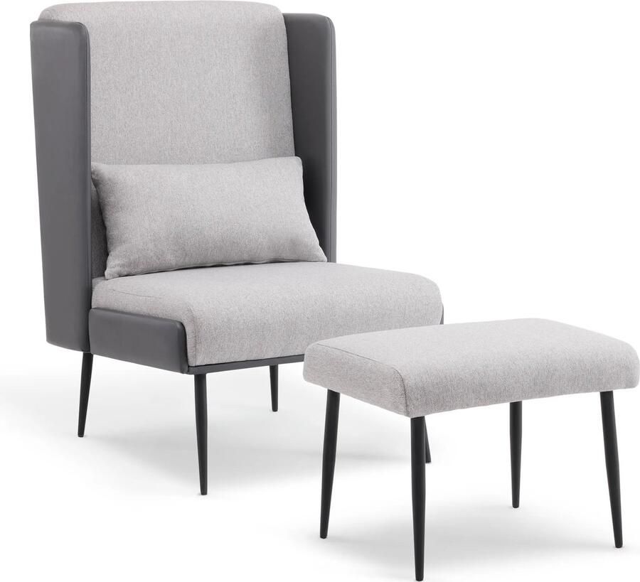 MCombo 4707 Oorfauteuil met Hocker – Grijs Kunstleer & Stof – Ergonomisch en Comfortabel – Geschikt voor Senioren