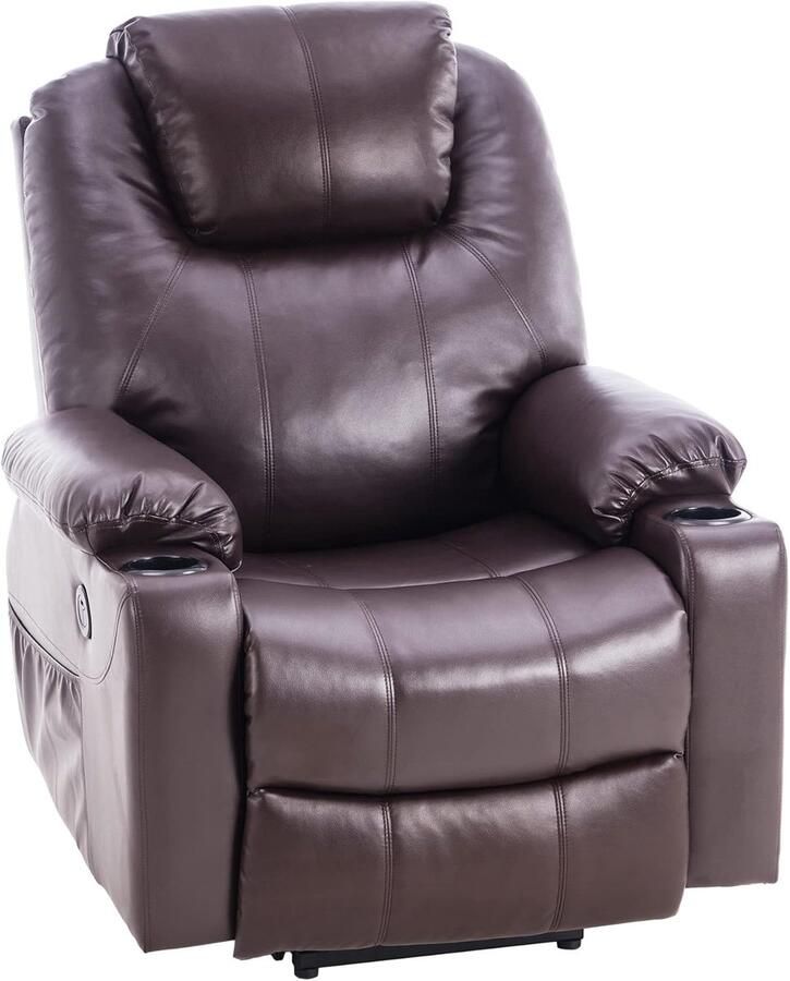 MCombo 7040 Elektrische Relaxstoel met Opstahulp – Bruin Kunstleer – Massage Verwarming USB Bekerhouders
