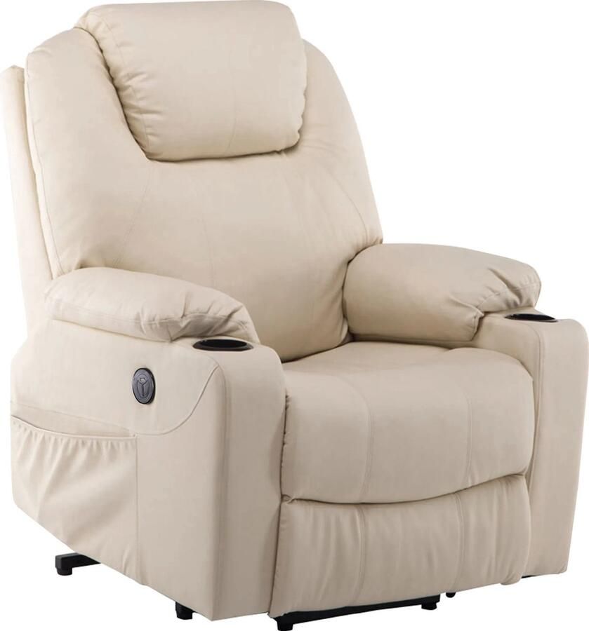 MCombo 7040 Elektrische Relaxstoel met Opstahulp – Massage Verwarming & USB – Crème-Wit Kunstleer