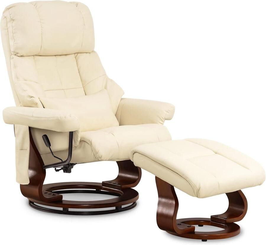 MCombo 9068 Elektrische Massagestoel met Kruk – Relaxfauteuil voor Woonkamer – Kunstleer Crème-Wit – 360° Draaibaar – Verstelbare Ligfunctie